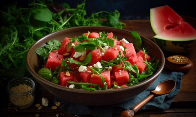 Bowl of watermelon salad with spinach and feta cheese Generative AI