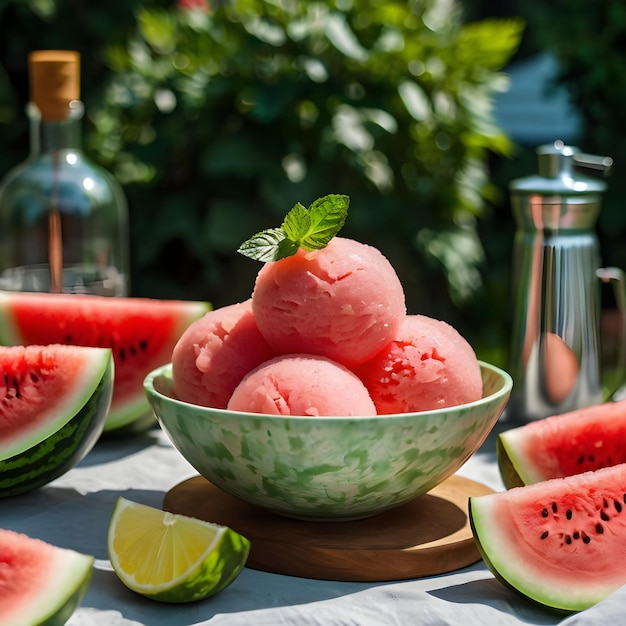 Photo a bowl of watermelon with a green leaf on top of it