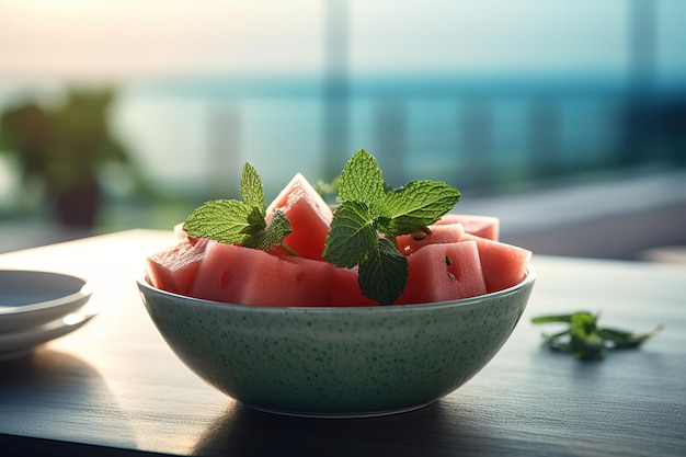 A bowl of watermelon with mint leaves on a table.