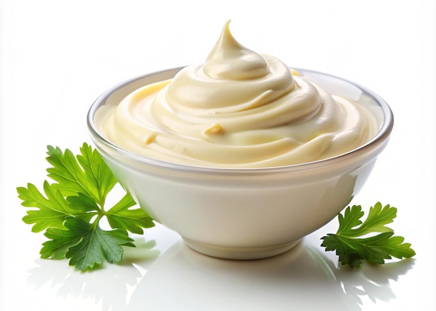 a bowl of whipped cream next to a bowl of parsley