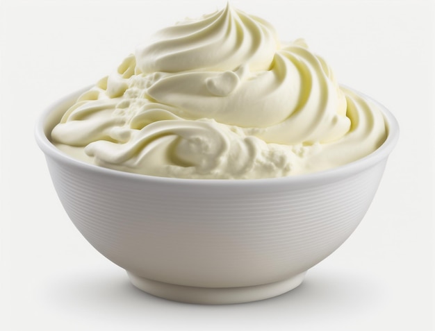 A bowl of whipped cream is sitting on a white surface.