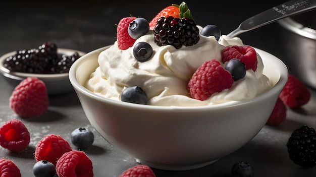 A bowl of whipped cream with berries on top