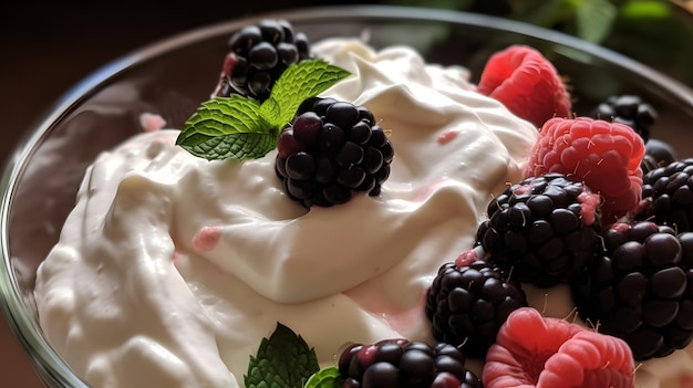 A bowl of whipped cream with raspberries and mint leaves