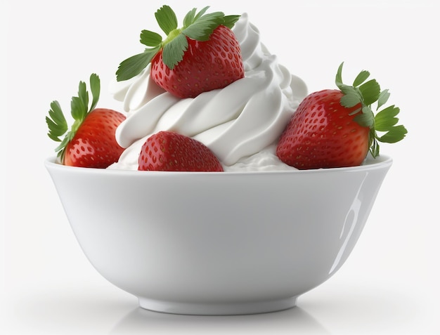 A bowl of whipped cream with strawberries on top