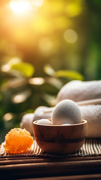 A bowl of white bath balls with a bathtub in the background