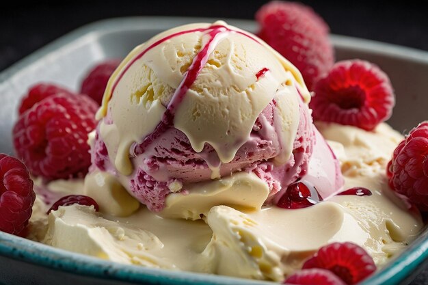 A bowl of white chocolate raspberry ice cream