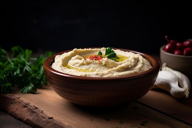 A bowl of white hummus with red peppers on top