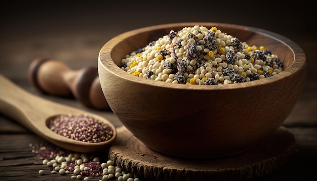 Bowl of white lentils with corn seeds on a wooden table