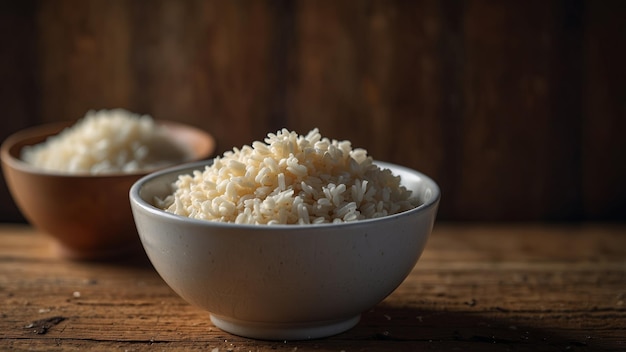 Bowl of white rice on rustic wooden table