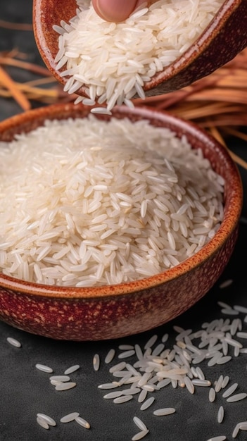 A bowl of white rice sits next to a wooden spoon.