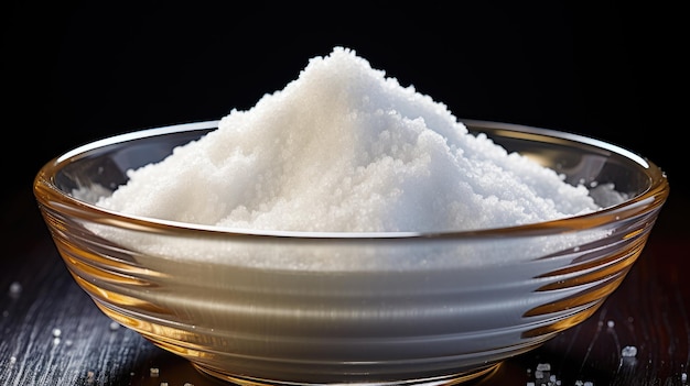 a bowl of white sugar with a black background