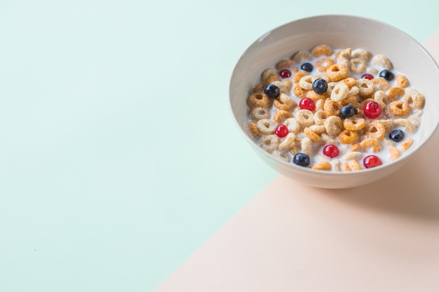 Bowl of whole grain cereal rings with blueberries isolated on pastel background