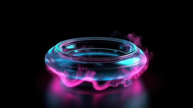 A bowl with a blue and pink glow in the dark.