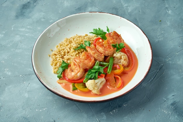 Bowl with bulgur, shrimps, vegetables and red sauce on gray