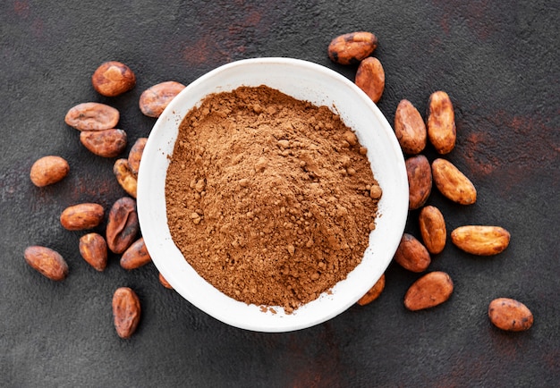 Bowl with Cocoa powder and beans