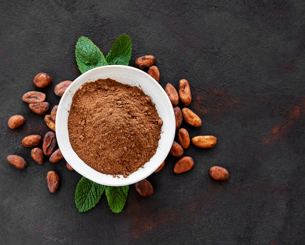 Bowl with Cocoa powder and beans