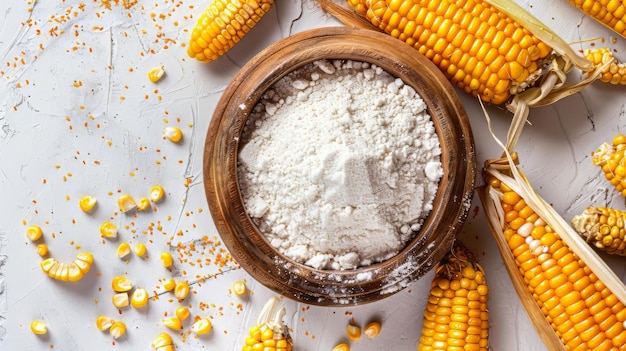 Bowl with corn starch ripe cobs and kernels on white background