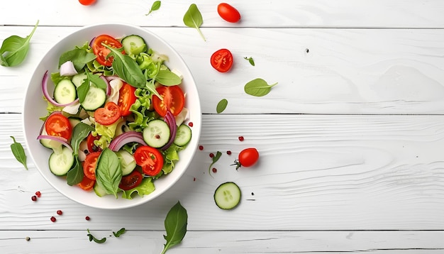 Bowl with delicious vegetable salad on white background top view