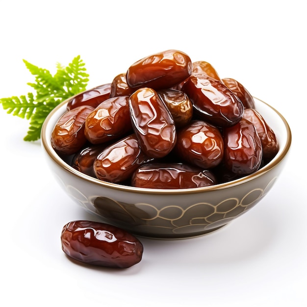 Bowl with dried dates isolated on white background