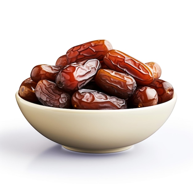 Bowl with dried dates isolated on white background