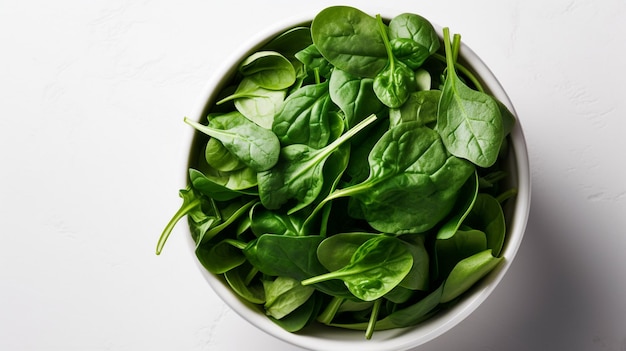 Bowl with fresh spinach on white background