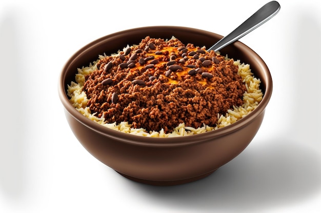 Bowl with fried minced beef shown in a white background