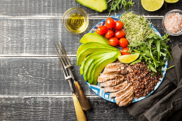 Bowl with ingredients of balanced healthy food