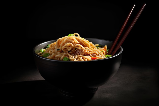 Bowl with Instant Noodles On Black Background