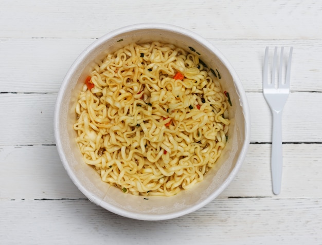 Bowl with instant noodles top view