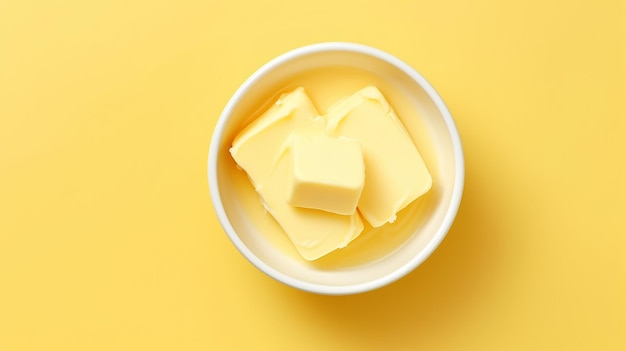 Bowl with melted butter or cheese on yellow background top view copy space Dairy products