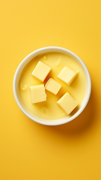 Bowl with melted butter on simple background top view Dairy product