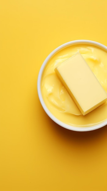 Bowl with melted butter on simple background top view Dairy product