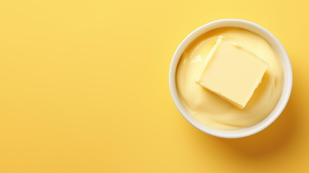 Bowl with melted butter on simple background top view Dairy product