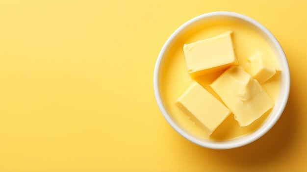 Bowl with melted butter on simple background top view Dairy product