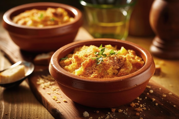 A bowl with migas on wooden table a traditional dish in the spanish cuisine made with breadcrumbs Ai generative