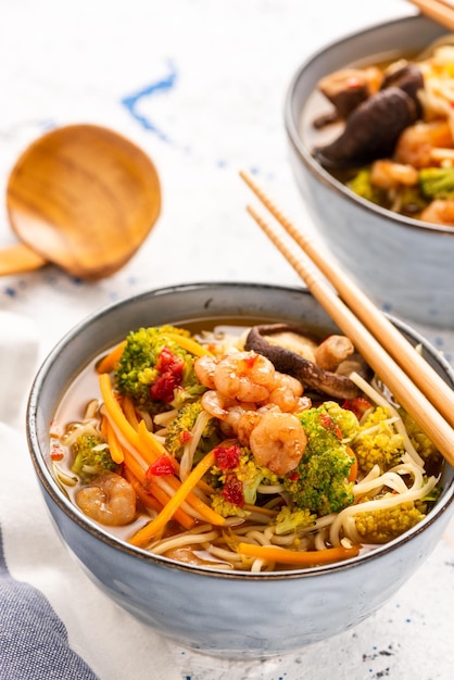 Bowl with Noodles Prawns and Vegetables Healthy Diet Soup in Bowl