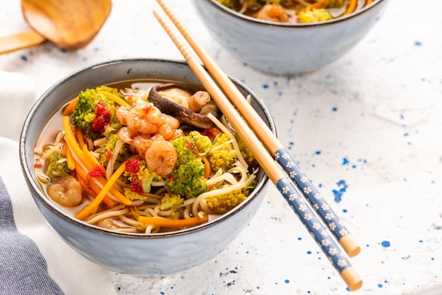 Bowl with Noodles Prawns and Vegetables Healthy Diet Soup in Bowl