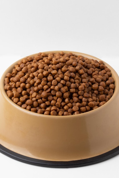 A bowl with nutritive dry pet food Copy space