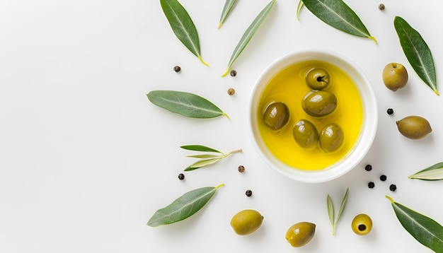 Bowl with olive oil and olives with leaves isolated on white background top view