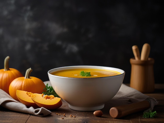 Photo bowl with pumpkin soup on the table