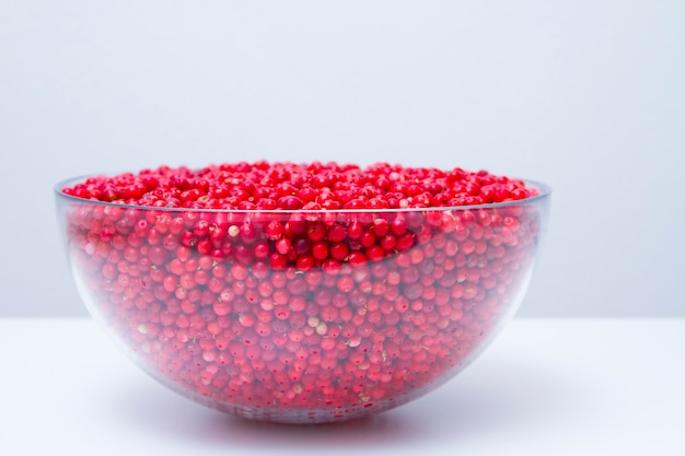 Bowl with ripe and fresh cowberries on white background.