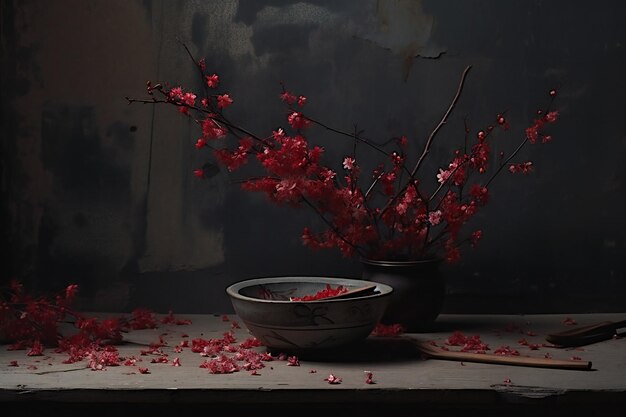 Bowl with sakura flowers on the table Black background