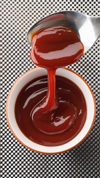 Photo bowl with spoon with ketchup isolated on transparent background top view