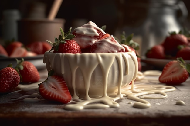 bowl with strawberries and heavy cream dripping down the sides