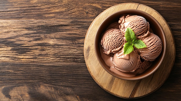 Bowl with tasty chocolate ice cream on wooden board