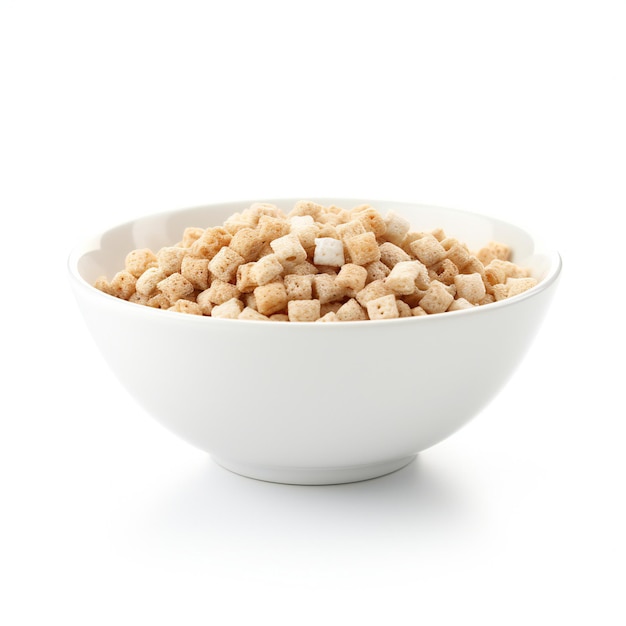 Bowl with tasty croutons on white background closeup