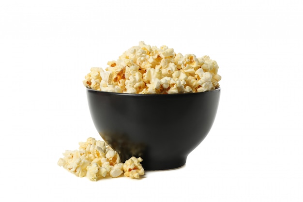 Bowl with tasty popcorn isolated on white space