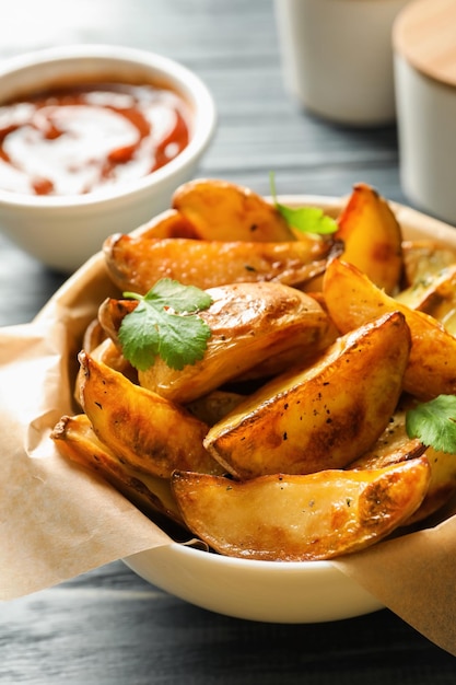 Bowl with tasty potato wedges on table