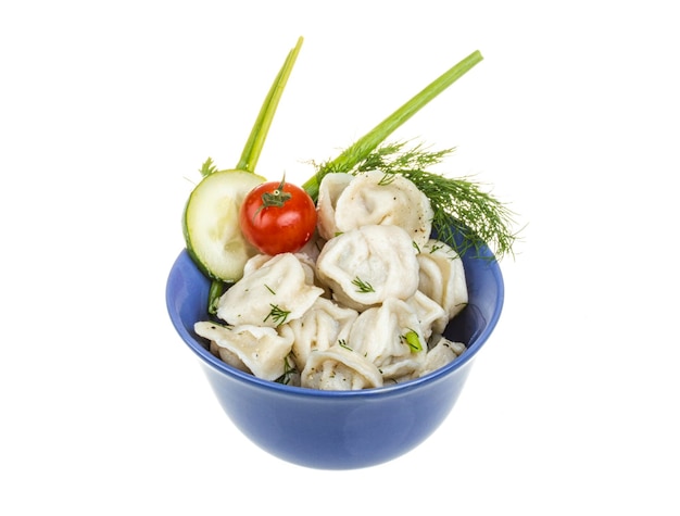 Bowl with traditional russian dish pelmeni