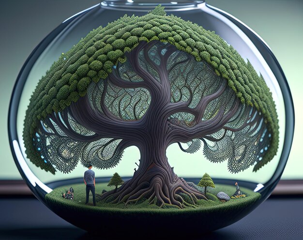 A bowl with a tree inside of it that has a man standing under it.